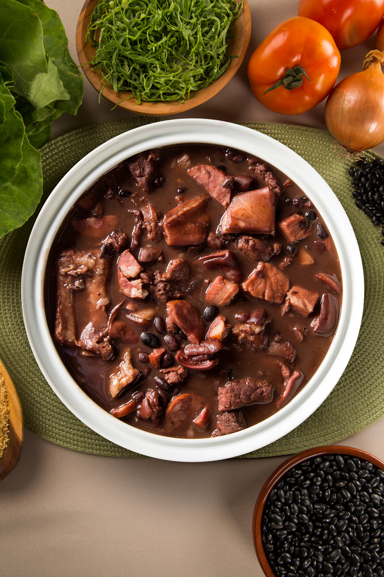 Brazilian Feijoada Food. Top view with copy space.